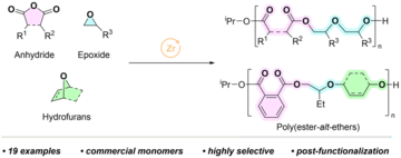 Graphical abstract showing chemical structures of epoxide, anhydride, and hydrofuran monomers used to create various ABB poly(ester-alt-ether) sequences